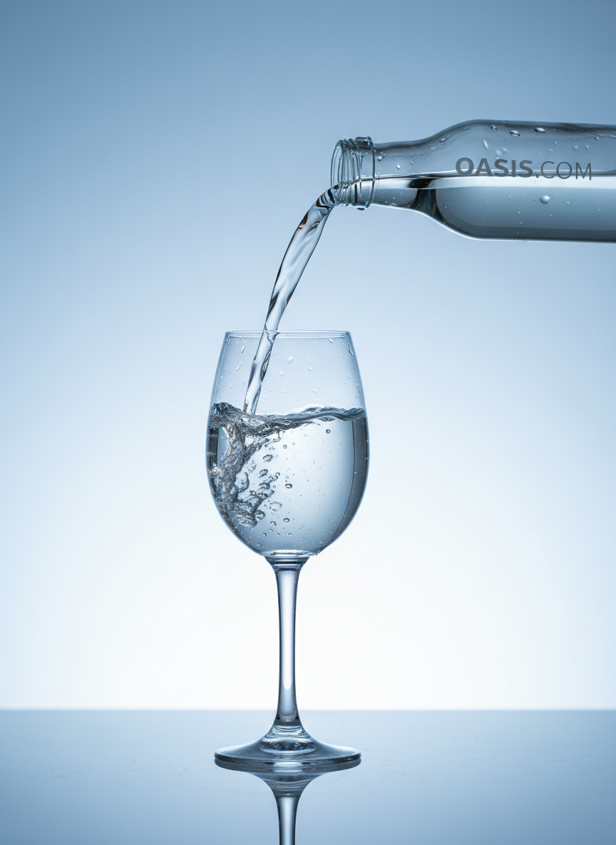 An elegant glass of water being filled from a branded Streamlet bottle, captured mid-pour so the clear stream arcs smoothly into the glass. Both the bottle and glass rest on a pristine, matte-white tabletop with a faint reflection beneath. The background features a soft gradient of cool blues fading to white, evoking freshness and cleanliness. Bright yet gentle studio lighting from the left creates sparkling highlights in the water and faint ripples on the glass surface. Photographic realism with a shallow depth of field keeps the stream and branding in sharp focus while the background melts into smooth bokeh. The mood is refreshing and refined, perfectly suited to communicate pure, reliable hydration.