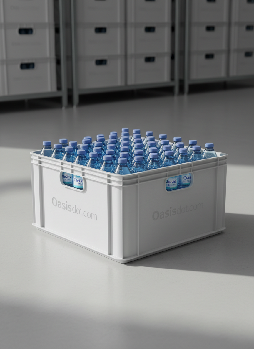 A sleek delivery crate filled with neatly arranged Streamlet bottled water, each label perfectly aligned and legible, sitting on a smooth, light gray warehouse floor. The crate is made of matte white plastic with subtle embossed branding, hinting at a premium logistics operation. Soft, directional studio lighting from the right casts gentle, elongated shadows, highlighting the organized rows of bottles and their glistening surfaces. In the slightly blurred background, minimalist shelving and stacked crates suggest efficient distribution without clutter. Shot from a slightly elevated angle with sharp focus on the foreground crate, the image feels professional, dependable, and service-oriented, visually reinforcing the idea of bottled hydration delivered with care and precision.