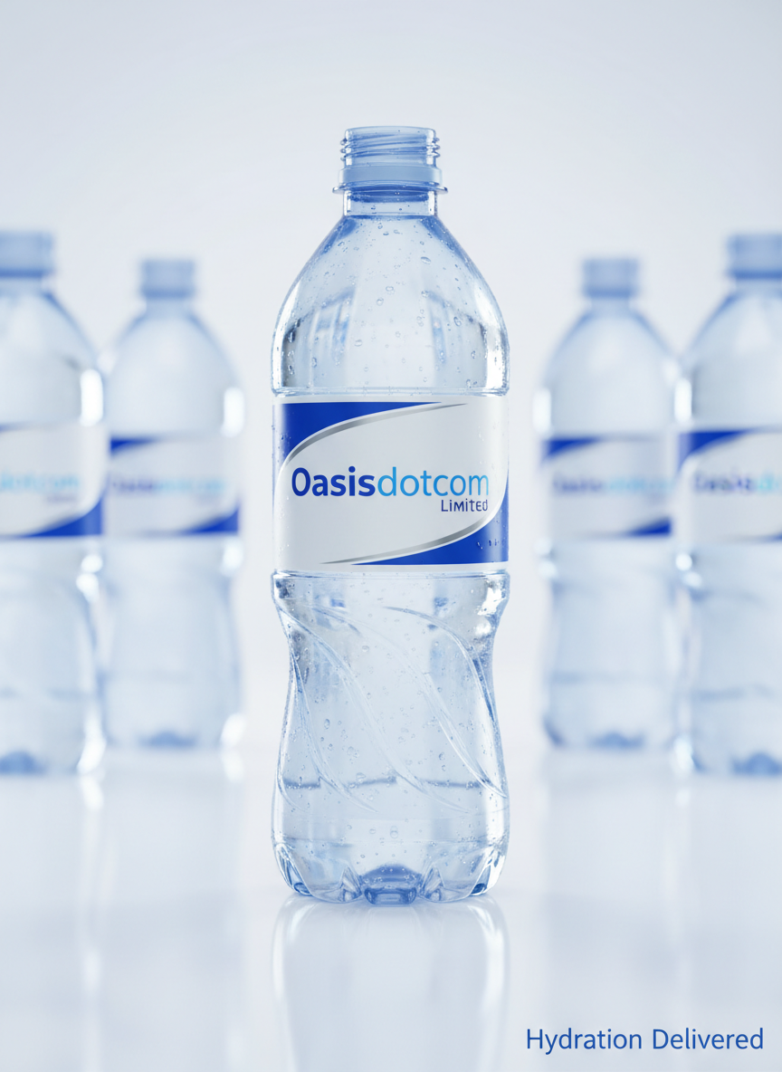 A crystal-clear, premium bottled water standing upright on a reflective white surface, the Oasisdotcom Limited label in crisp blue and silver wrapping smoothly around the bottle. Tiny condensation droplets cling to the flawlessly transparent plastic, suggesting icy freshness. In the background, softly blurred shapes of additional bottles create subtle depth without distraction. Cool, diffused studio lighting from above and slightly behind creates clean highlights along the bottle’s curves and gentle shadows beneath. The composition is centered at eye level with photographic realism, emphasizing purity, hydration, and professionalism. The mood is clean, modern, and trustworthy, ideal for a homepage hero image that communicates “Hydration Delivered” with precision and clarity.